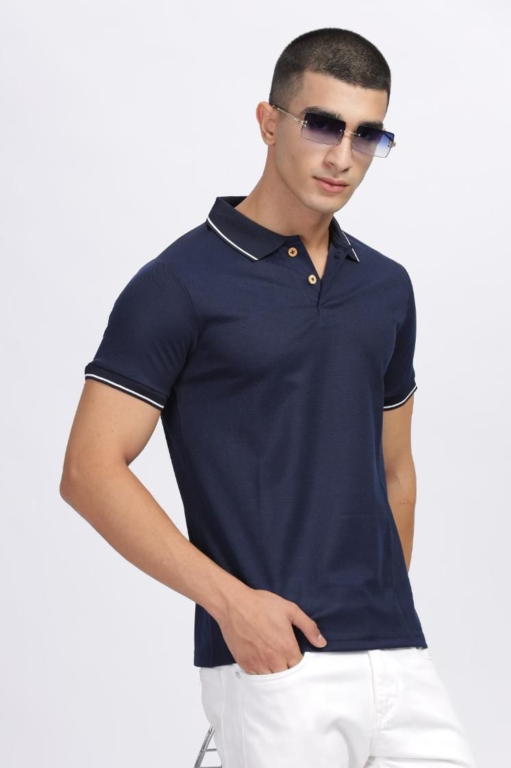 Men's Casual Solid Half Sleeves Polo Neck T-Shirt - Navy Blue/ black